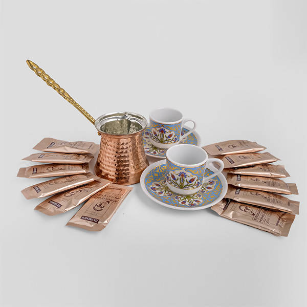Luxury Turkish Espresso Coffee Cup Set, Turkish Copper Coffee Pot & Kurukahveci Mehmet Effendi Coffee - BUNAMARKET
