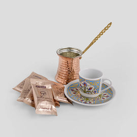 Luxury Turkish Espresso Coffee Cup Set, Turkish Copper Coffee Pot & Kurukahveci Mehmet Effendi Coffee - BUNAMARKET